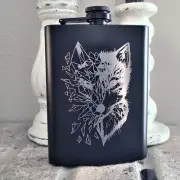 Stainless Steel Liquor Hip Flask, Engraved With Funnel, Wolf Spirit Design Gift