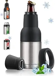 Beer Cooler, Premium Can Cooler and Stubby Holder with Beer Opener, Detachable 3 in 1 Slim Can Beer Bottle Insulators Holder, Gifts for Beer Lovers (Silver)