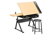Adjustable Wood Drafting Table & Stool Set Wood Tabletop Art Craft Work Station with 2 Storage Drawers and Pencil Ledge for Artist Paintings Sketching