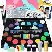 Bowitzki Face Paint kit for kids-18 Colors, Split Cake Face Paint, Hair Chalks, Brushes, Sponges, Glitters, Gems, Reusable Stencils,Professional Non-Toxic Halloween Party Makeup Body & face Painting