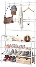 Hall Tree with 5-Tier Shoe Shelf and 8 Adjustable Metal Hooks Coat Rack, Lightweight Metal Organizer Shelf for Apartment Bedroom College Dorm and Entryway, White