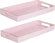 MAONAME Pink Vanity Tray Set of 2, Plastic Decorative Tray with Handles, Long Narrow Trays, Small Bathroom Trays for Toilet Tank, 13.8" X 6" X 1.57"