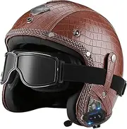 Vintage Motorcycle Helmet with Bluetooth Leather Jet Helmet Motorcycle Open Face Helmet with Personalized Goggles Unisex DOT/ECE Approved Half Face Helmet