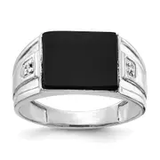 Solid 14k White Gold AAA Real Diamond and Onyx Men's Ring