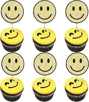 Ephlyn 24Pcs Smile Face Cupcake Toppers Glitter Cut Face Cupcake Picks Smile Cupcake Toppers For Girls Baby Shower Birthday Party Cake Decorations Supplies Gold