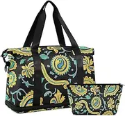 [Amooorous] Retro Fashion Flower Paisley Gold Turquoise Gym Sports Duffel Bags Weekender Overnight Bag with Adjustable Strap for Travel Foldable, retro fashion flower paisley gold Turquoise, 1 size