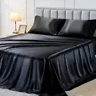 Satin King Sheet Set, Black Satin Sheets for King Size Bed, Silk-Like Satin King
