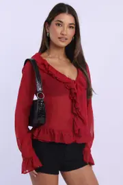 Red Ruffle Top Long Sleeve - Size 6XXS, Women's Jacket