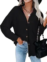 [Tanmolo] Blouse Women's Long Sleeve Shirt Jacket Elegant Shirt Blouse Cotton Long Sleeve Blouses Waffle Blouse Casual Tops with Buttons Shirt, Black-241a, XL