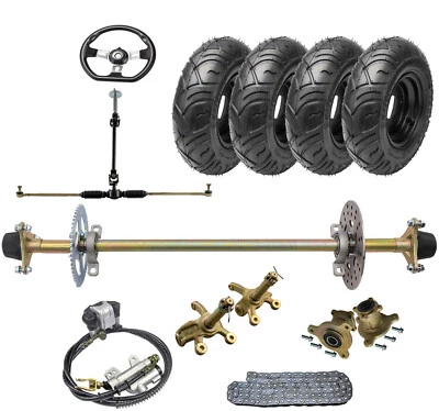 740mm Go Kart Rear Axle Kit 6" Wheels Front Steering Spindle Hub Sprocket Brake