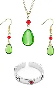 [HUUiWAA] Howl's Earrings Green Necklace Ring Set Anime Earrings Necklace Ring for Cosplay Costume Jewelry, Medium, Metal, No Gemstone