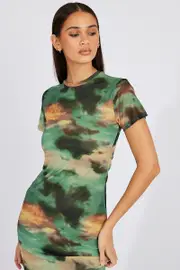 Green Abstract Maxi Dress Short Sleeve Bodycon Mesh - Size 8, Women's Bodycon Dress