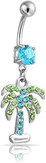[Bling Jewelry] Nautical Tropical Beach Palm Tree Dangle Navel Belly Ring for Women with Green Blue Crystal 316L Stainless Steel 14 Gauge