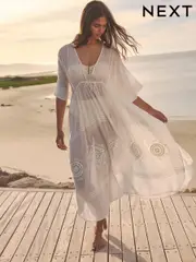 White Embroidered Maxi 100% Cotton Kaftan (E15486) | $129