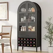 71" Tall Wine Bar Cabinet, Arched Storage Cabinets with Door, Whiskey Station with Wine Rack and Glass Holder, Liquor Bar Cabinet for Home Kitchen Living Dining Room (Black)