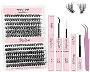 DIY Lash Extension Kit 240pcs Lash Clusters D Curl Eyelash Extension Set Individual eyelashes with Lash Bond and Seal Applicator Remover Easy to Apply at Home (3Dstyle-60D+80D-8-16mix Kit)