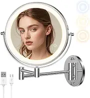 Rechargeable Wall Mounted Lighted Makeup Vanity Mirror, 8" Bathroom Mirror with 1X 10X Magnification, Double Sided, 3 Color Lighting, Touch Screen Dimming, 360 Rotation Extendable LED Shaving Mirror