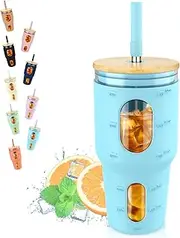 Tronco 32oz Glass Tumbler with Straw & Lid – Reusable Iced Coffee & Smoothie Cup with Time Marker & Silicone Sleeve – Fits in Car Cup Holder, Ideal for Tea & Cold Drinks