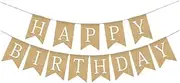 Chris.W Happy Birthday Banner, NO DIY Rustic Burlap Happy Birthday Sign with White Letters, Pre-Strung Bday Hanging Decoration for Women Men Girl Boy Birth Day Backdrop Party Supplies