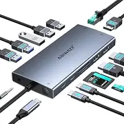 8K DP Laptop Docking Station Dual Monitor, 15 in 1 Triple Display Hub Multiport Adapter with 2 HDMI+8K DisplayPort+6 USB-C/A+100W PD+Ethernet+SD/TF+Audio,USB C Dongle for MacBook/Dell/HP/Windows
