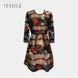 【快速到貨】JESSICA -氣質印花時尚A型裙長袖蕾絲洋裝202178