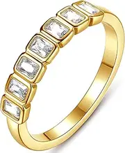 [Espere] Emerald Cut Bezel Set CZ Halfway Eternity Band | 7 Stone Wedding Anniversary Band Bridal Set