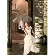 Spaghetti Strap Plain Irregular Layered Midi A-Line Dress Off-White - M