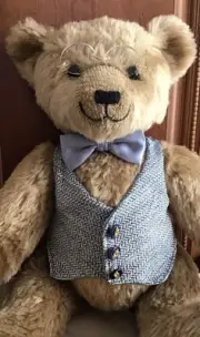 OXFOED BLUE TWEED LARGE VEST AND BLUE BOW TIE HANDCRAFTED TEDDY BEAR CLOTHES