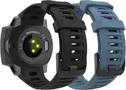 [Astorgos] Pack of 2 Sports Watch Band Compatible with Garmin Instinct Esports/Solar/Tactical/Tide Military Watch/Instinct 2 Sports GPS, Soft Silicone Replacement Strap Wristband, Black/Hurricane Blue