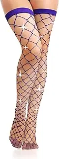 [Benefeet Sox] Womens Fishnet Thigh High Stockings Rhinestone Fish Net Thigh Highs Lady Sheer Lace Mesh Nylon Glitter Stockings