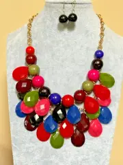Multi Color Lucite Bead Drops Bubble Necklace Earring Set