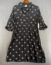 Faded Glory Women’s XL 16-18 Black Half Button Shirt Dress Roll Tab Sleeves NEW