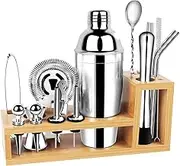 BRITOR Cocktail Set Cocktail Shaker Set,17 Piece Stainless Steel Bartender Kit with Bamboo Base Kitchen Accessories Cocktail Shaker Bar Tool Set with Recipe Book