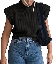 [Qolkmuiy-GJ] Women Ribbed Knitted Turtleneck Vest Simple Solid Color Sweater Pullover Waistcoat Cable Knit Sleeveless Gilet, Black, L, Black, Large