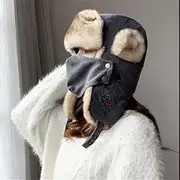 [FEATUR] Winter Aviator Pilot Cap,Winter Siamese Windproof hat, hat with Ear Flaps, Winter Hat Female Catcher Bomber Hat Puppy Embroidery Outdoor Sports Warm Hat (Color : D, Size : One Size) (Color : D, Size