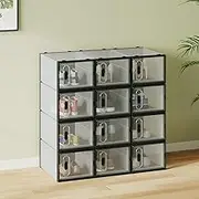 Ufurniture Shoe Storage Box 12 Pack Plastic Shoe Box Stackable,Large Stackable Shoe Storage Boxes with Magnetic Door Easy Assembly & Save Space & Dustproof & Tidy
