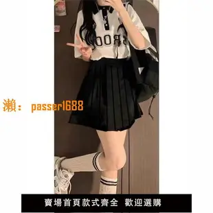 【新品熱銷】減齡學院風Polo領短袖T恤女+黑色百褶裙夏季新款寬松學生兩件套裝