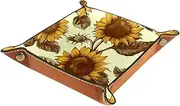 Generic Vintage Sunflower Folding Rolling Thick PU Brown Leather Valet Catchall Organizer Table, Small Jewelry Candy Key Trays Storage Box, Decorative Entryway, Lap Keyboard Gaming Dice Tray, 16x16cm