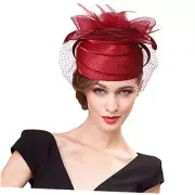Woman Sinamay Fascinator Hat Pillbox Derby Hats Linen Feather Medium Wine Red