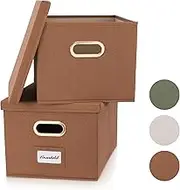 ZICOTO Decorative File Organizer Box Set of 2 - Collapsible Linen Filing Cabinets w/Handles Are Perfect to Store all Your Documents & Hanging File Folders - Portable Easy Slide Crates with Lid