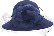 [Lawliet] Womens Wool Felt Floral Veil Netting Feather Wide Brim Derby Hat (Navy Blue), Navy Blue, One Size-XL