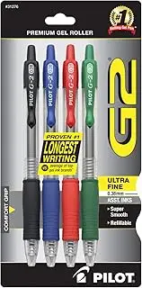 Pilot, G2 Premium Gel Roller Pens, Ultra Fine Point 0.38 mm, Pack of 4, Black, Blue, Green, Red
