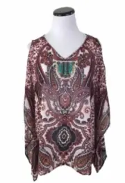 NWT Wrangler Sheer Cold Shoulder Paisley Leopard Print Beaded Blouse Top Medium