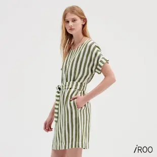 【iROO】墨綠白條紋綁帶洋裝