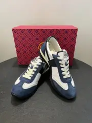 NIB $238 Tory Burch Hank Sneakers Snow White / Bright Navy 6M