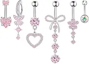 [Onperpoe] 6 Pcs Belly Button Bars, Pink Belly Bar, Hypoallergenic Surgical Steel Dangly Belly Button Bars, Flower Heart Bow Belly Button Piercing for Women Girls, 10mm, Metal, No Gemstone