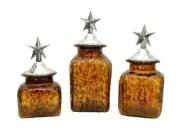 Set of 3, Mexican Decorative Glass Canister Set with Metal Lids, Tortoise Color