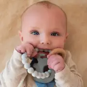 Gray Elephant Teether for Babies Natural Wood and Soft Silicone 3 Months Plus
