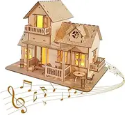 3D Wooden Puzzle Sweet Home Music Box Hands Craft Miniature Dollhouse Kits 3D Model DIY House Building with LED Night Lights Gifts for Christmas