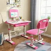 Pink Height Adjustable Children's Desk and Chair Set, Spacious Storage Drawer, with Adjustable Tilted Desktop, Bookstand, Touch Led Lamp for School Students，Kids Interactive Workstation